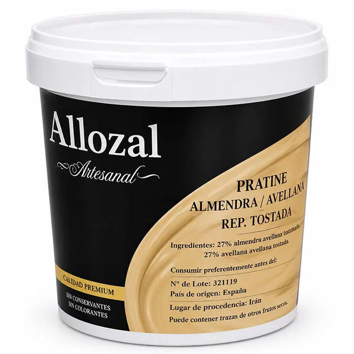 Bote de 1 Kg de praliné de almendra y avellana tostada