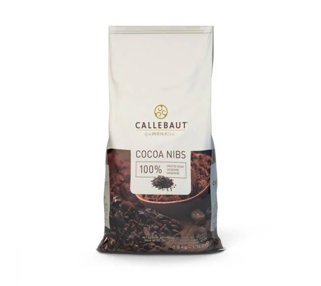 paquete de 800g de nibs de cacao puro de la marca callebaut
